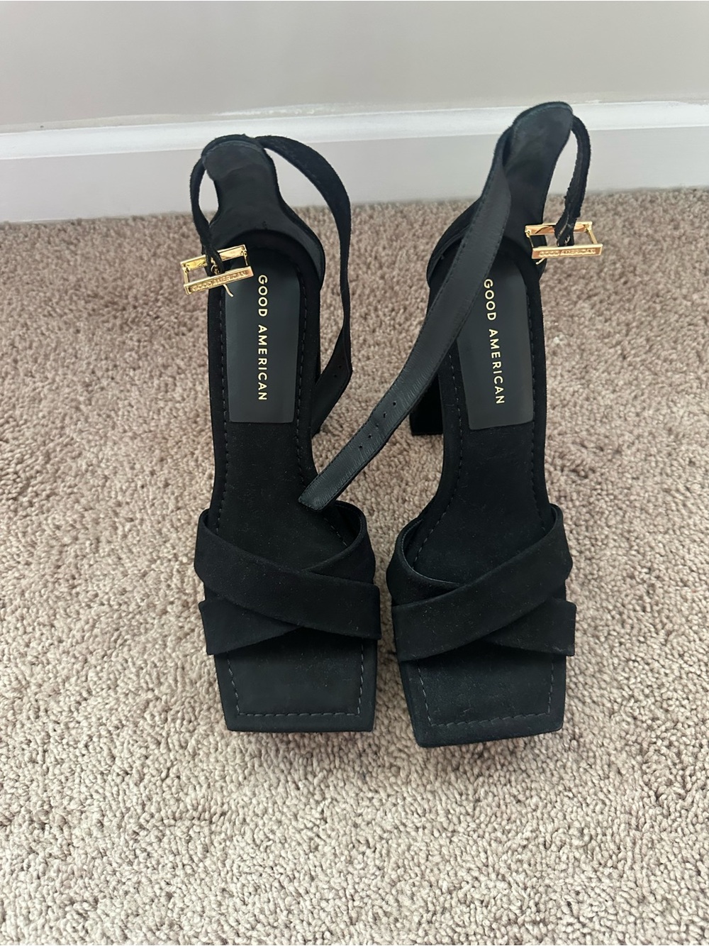 Good American Black Suede Crisscross Square-Toe Block Heels